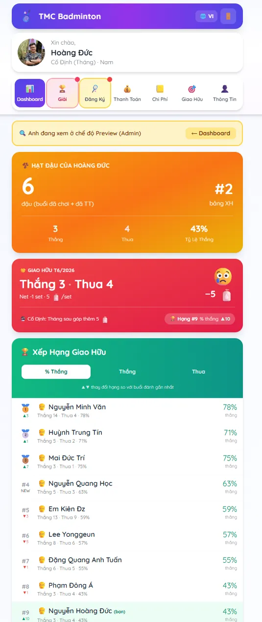 Giao diện mobile của web app TMC Badminton