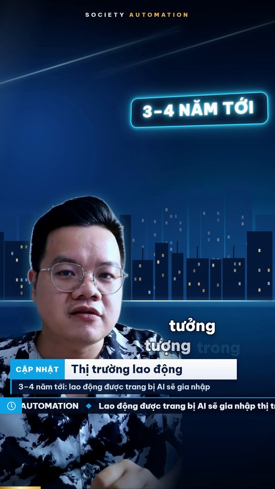 Khung hình video mẫu kiểu Bản tin cập nhật: phông studio xanh, thanh tên Thị trường lao động và dải chữ chạy
